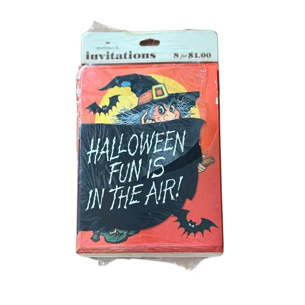 2 Vintage Hallmark Halloween Invitations Packs Witch Bat Sealed & Opened NOS
